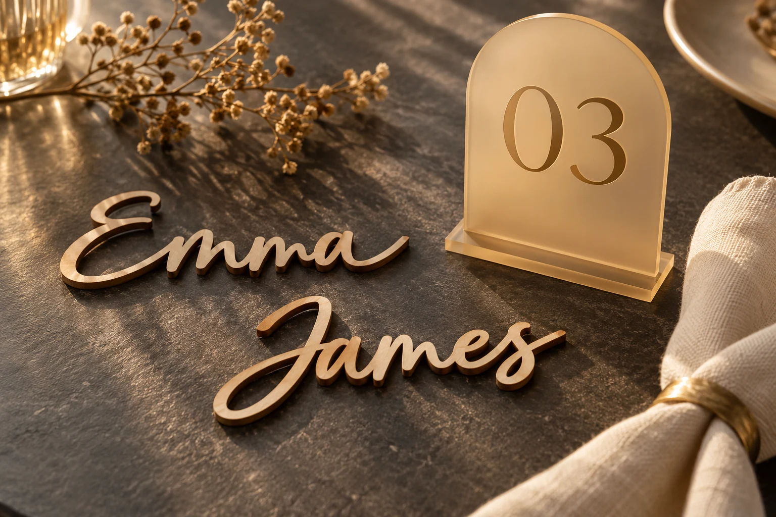 Illustrative laser cut wooden place names and acrylic event table number